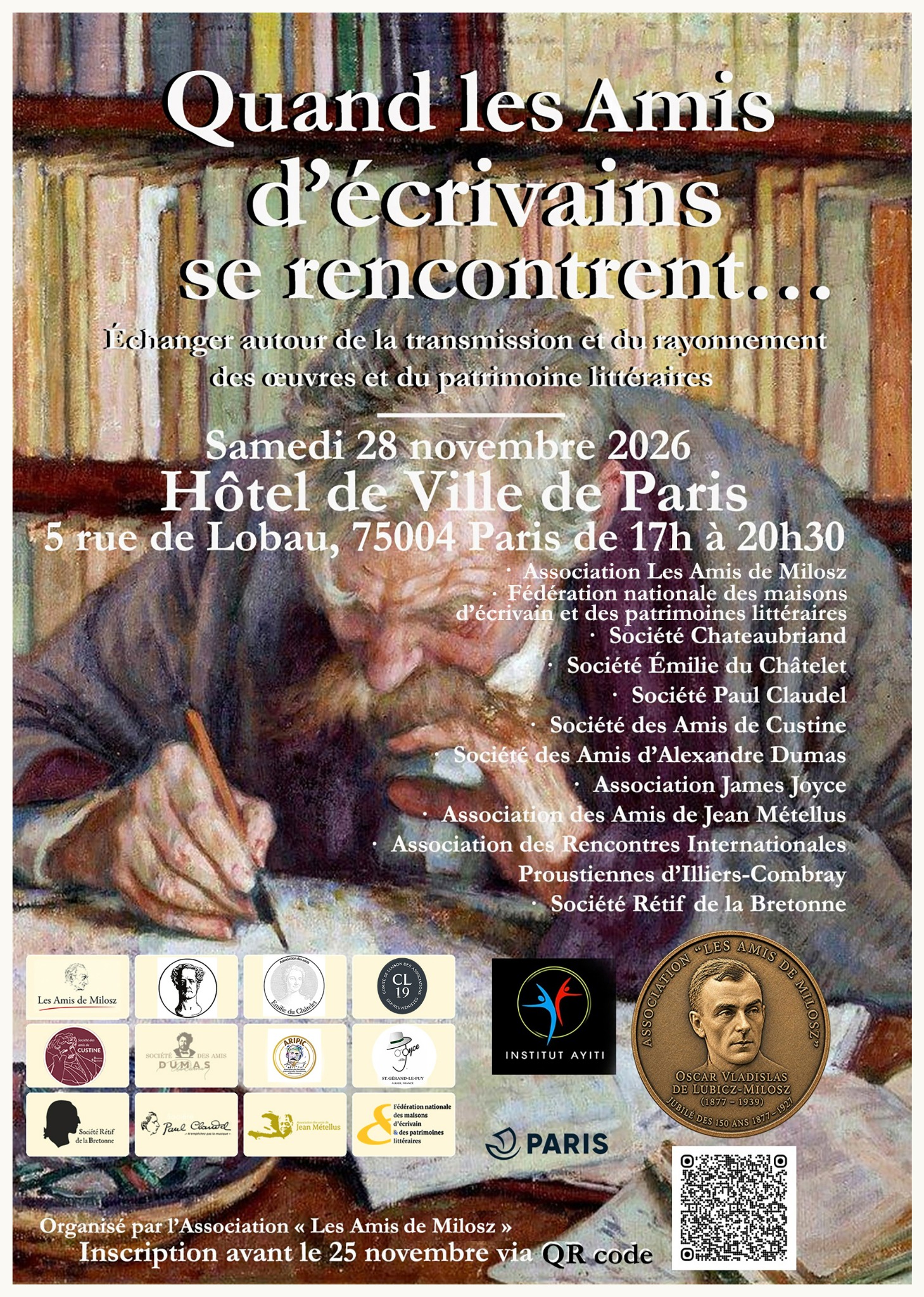 Affiche de Quand les Amis d’écrivains se rencontrent, le 28 novembre 2026 à l’Hôtel de Ville de Paris